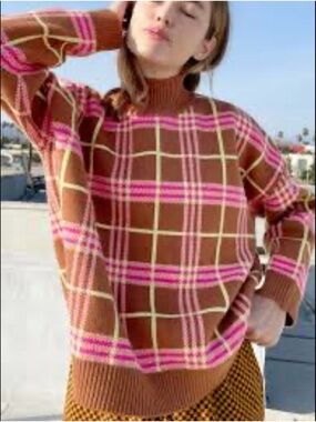 Lisa Says Gah Willa Sweater Pink/Coffee Plaid XL